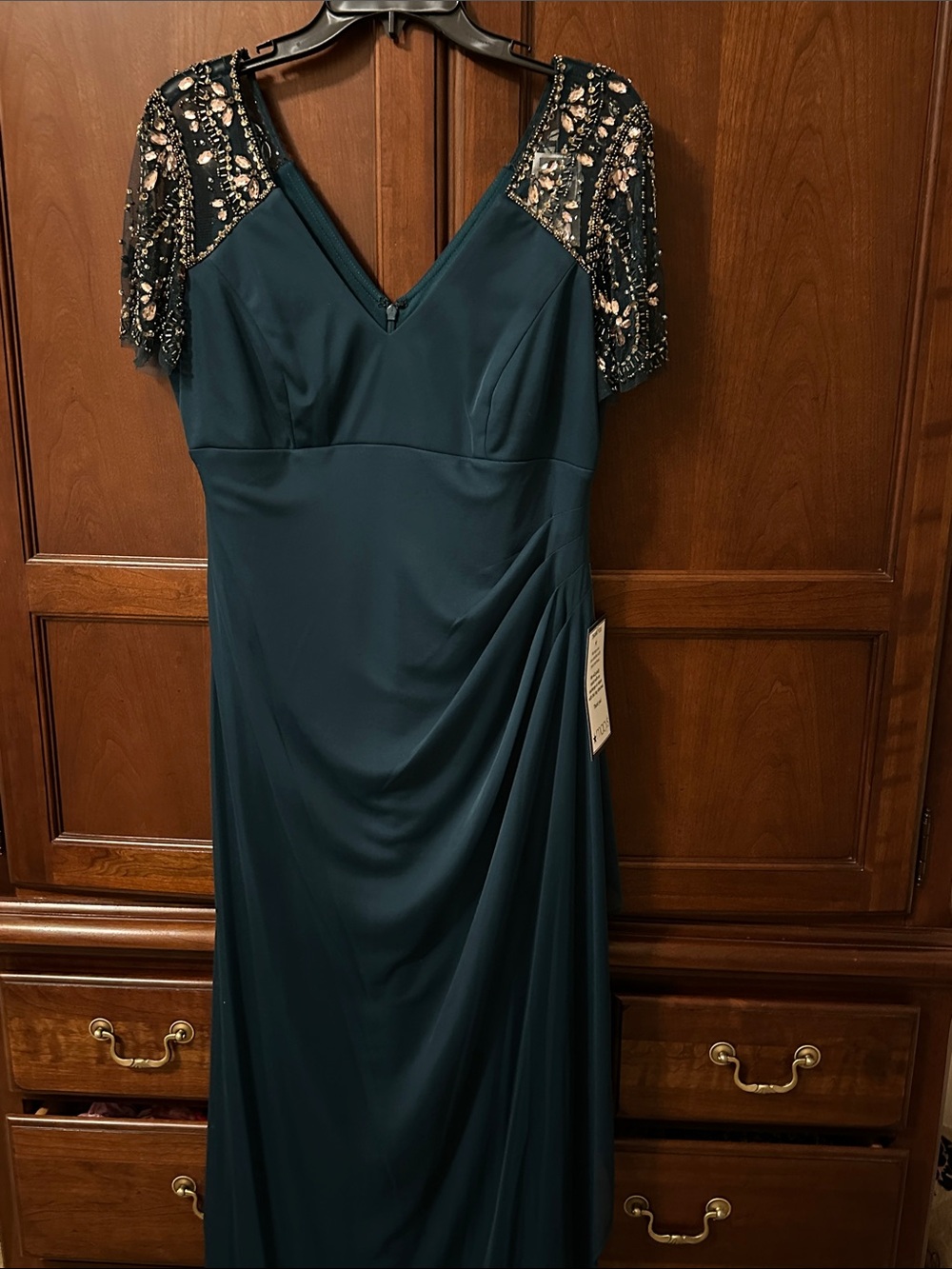 Xscape Teal V-Neck Gown with Beaded Lace Cap Sleeves Size 12P